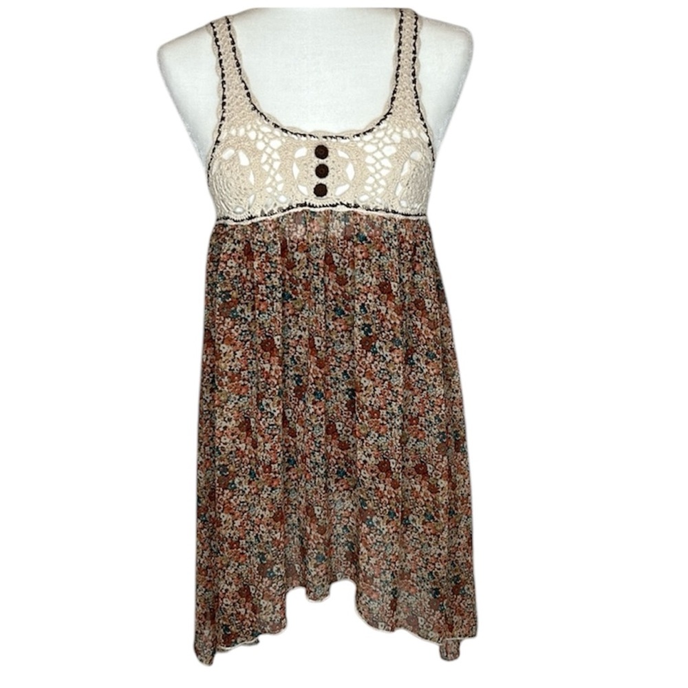 Boho Crochet & Floral Top, Crochet Brown & Floral Print, Crochet Buttons, Sz SM